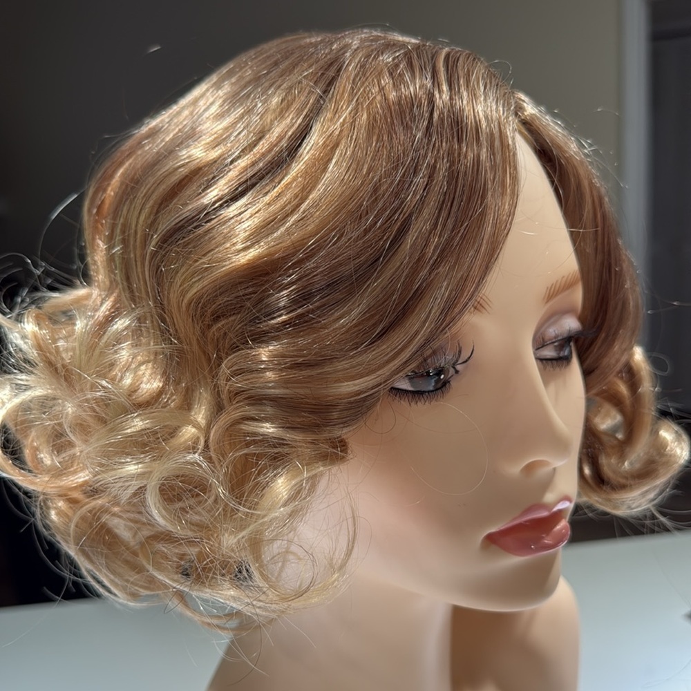 HAIR, 10-12” Loose Curls, Off Center Part, Swoop Bangs, Light Brown/Dark Blonde